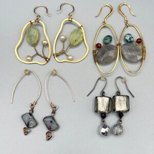 Set Of 4 Pairs Handmade Dangle Earrings Gemstones Metal Gold Tone Silver Tone